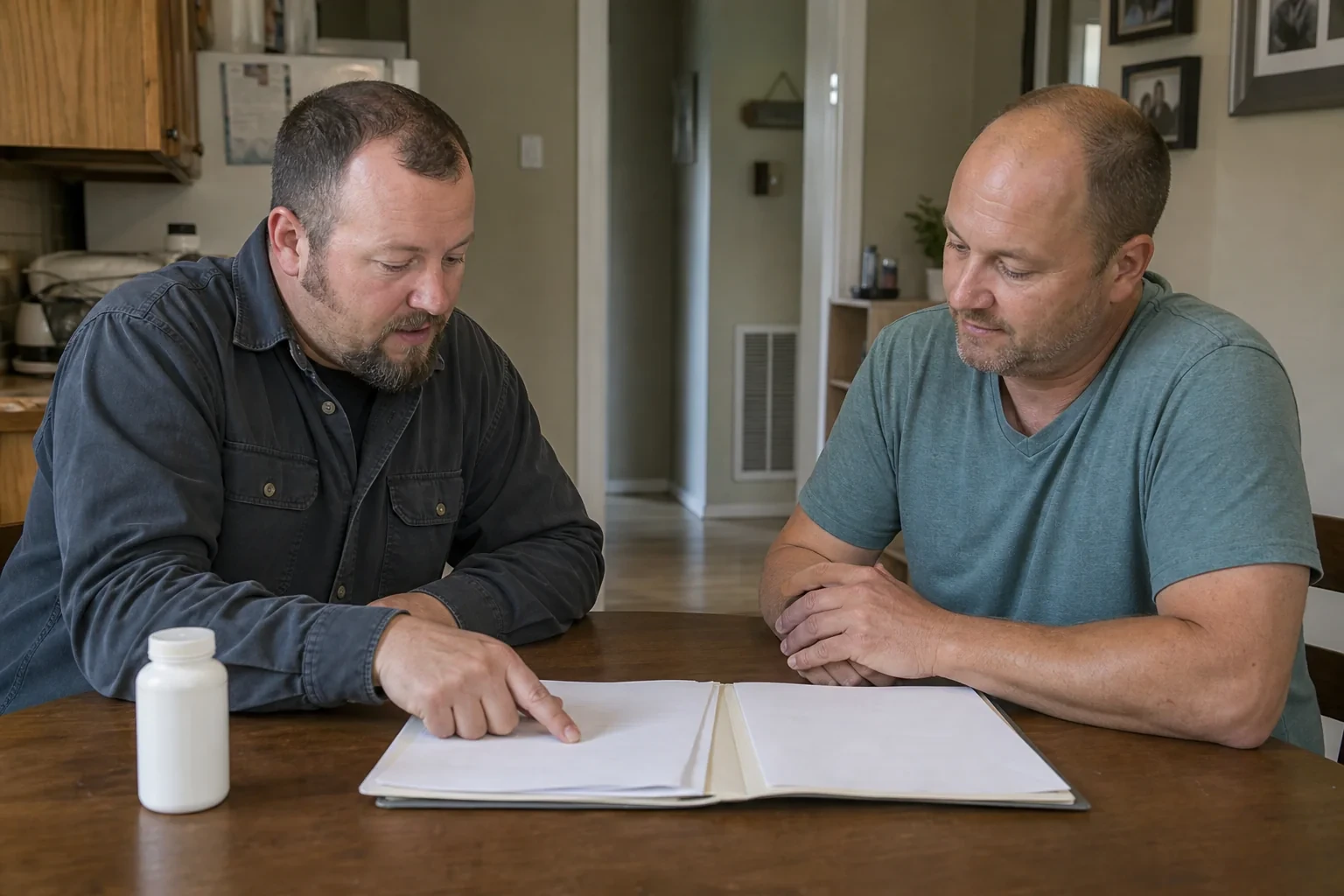 Technician and homeowner reviewing a folder at a kitchen table with a closed unmarked bottle nearby.