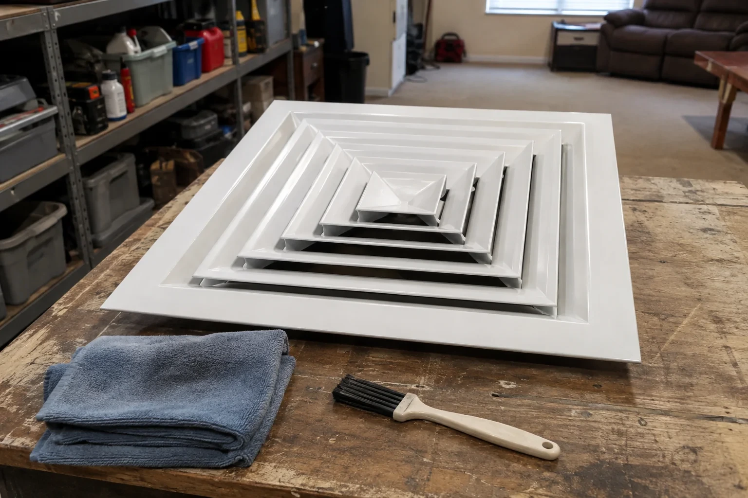 Detached square ceiling diffuser beside a folded cloth and soft brush on a basement worktable.