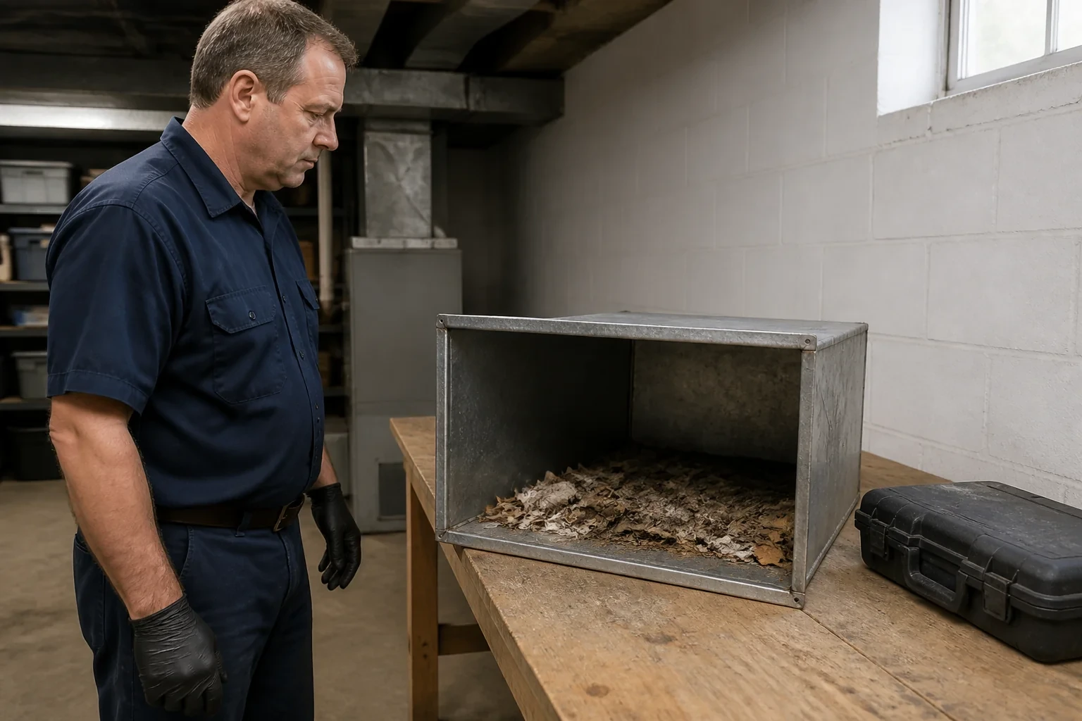 Technician examining loose debris inside a detached rectangular metal duct section.