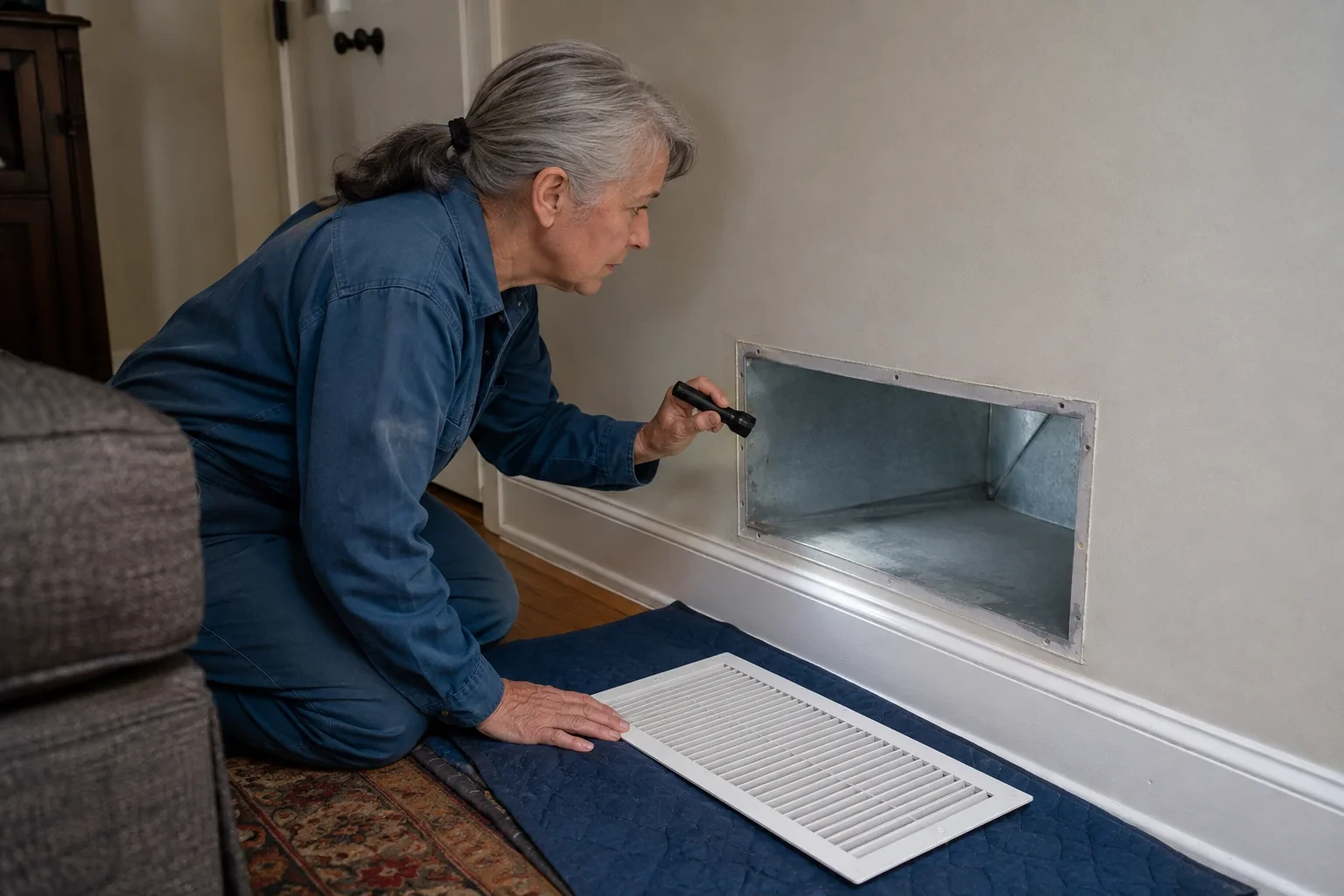 Technician using a flashlight to inspect an accessible wall-return surface beside a detached grille.