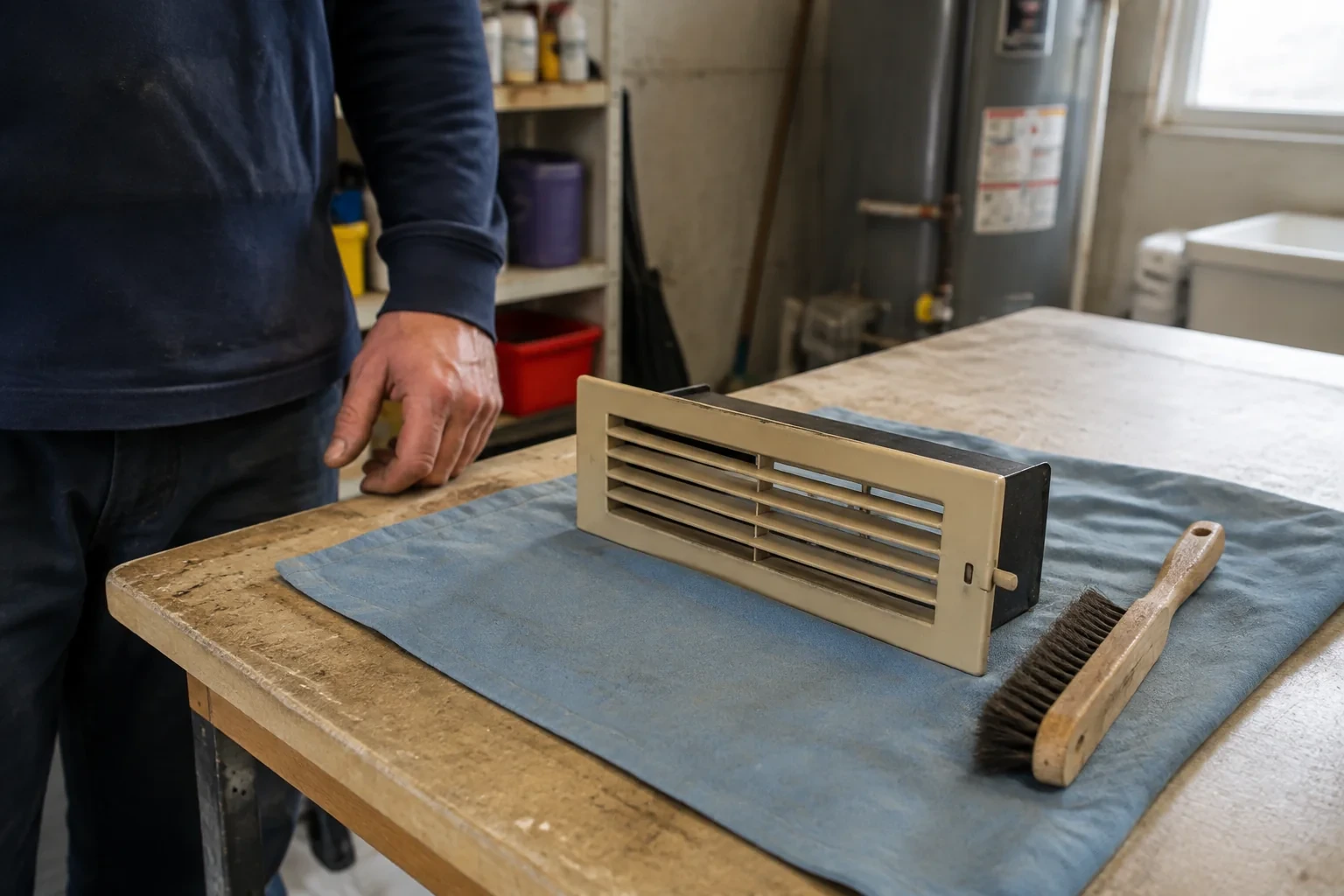 Detached beige supply register with a shallow rear housing beside a brush on a utility workbench.