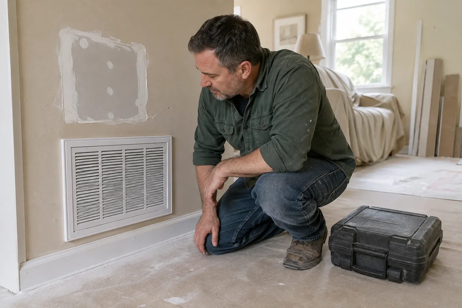 Technician inspecting a wall return grille in a room with a drywall patch and renovation dust.