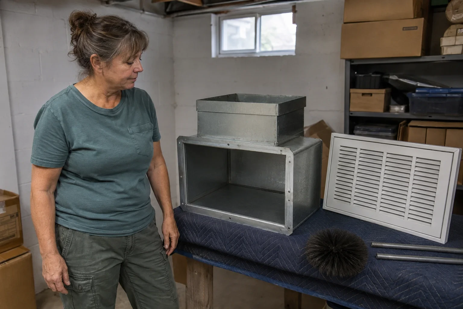 Technician beside a detached return-air boot, grille and cleaning brush on a padded workbench.