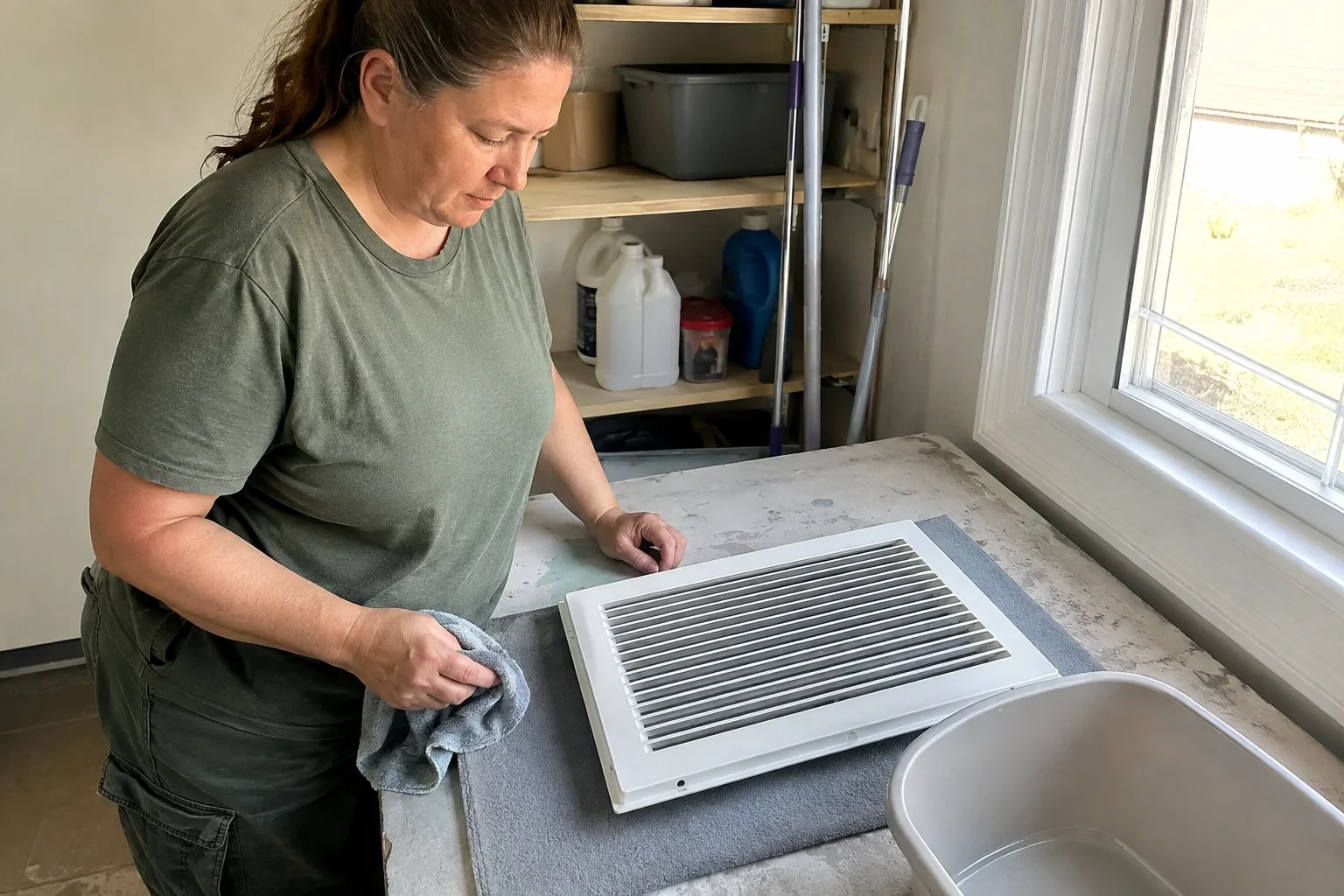 Technician beside a detached white return grille, cloth and basin on a utility worktable.