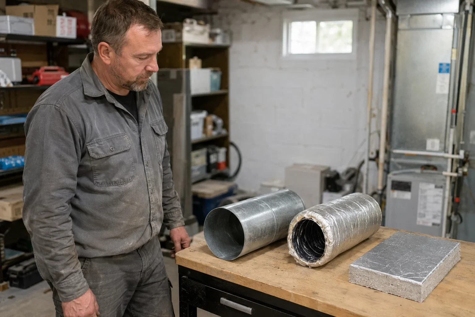 Technician viewing a metal duct section, insulated flexible duct sample and foil-faced board on a workbench.