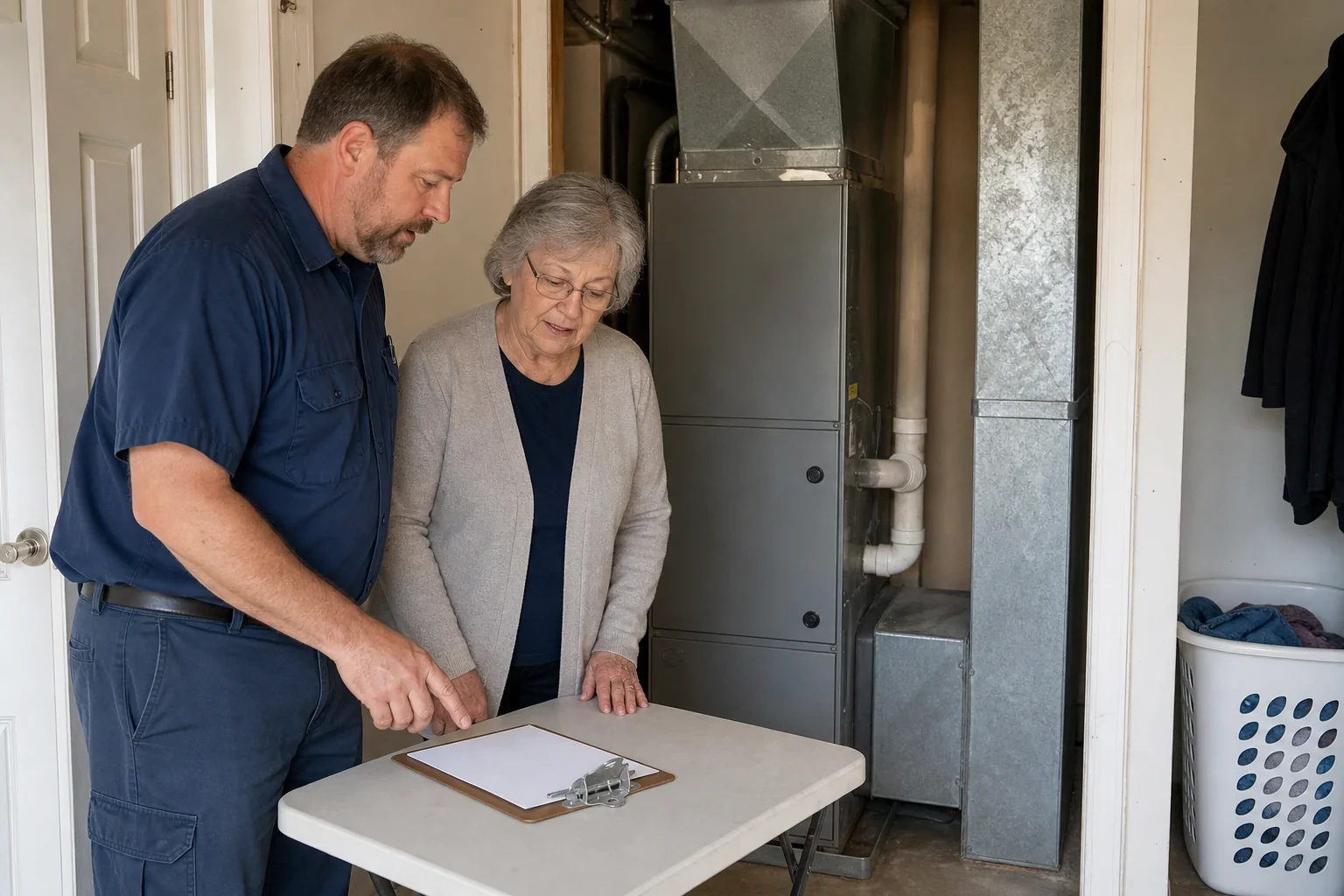 Technician and homeowner beside a clipboard in front of a closed HVAC cabinet and ductwork.